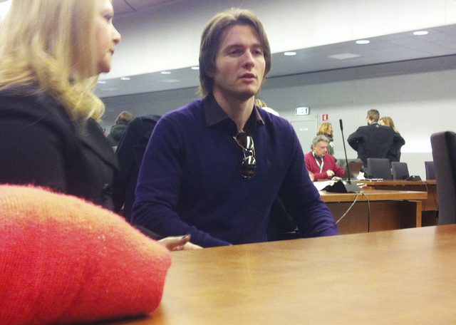 Raffaele Sollecito talks with his stepmother, Mara Papagni, prior to the start of the final hearing before the third court verdict for the murder of British student Meredith Kercher, in Florence,  ...