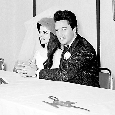 Priscilla Beaulieu Presley, left, and Elvis Presley appear at a press conference shortly after their wedding at the Aladdin Hotel-Casino in Las Vegas on May 1, 1967.  (Don Zirkle/Las Vegas Review- ...