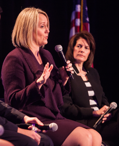 Emily's List President Stephanie Schriock speaks during a town hall panel, titled "Madam President," held by the organization, with Nevada Attorney General Catherine Cortez Masto, at the ...