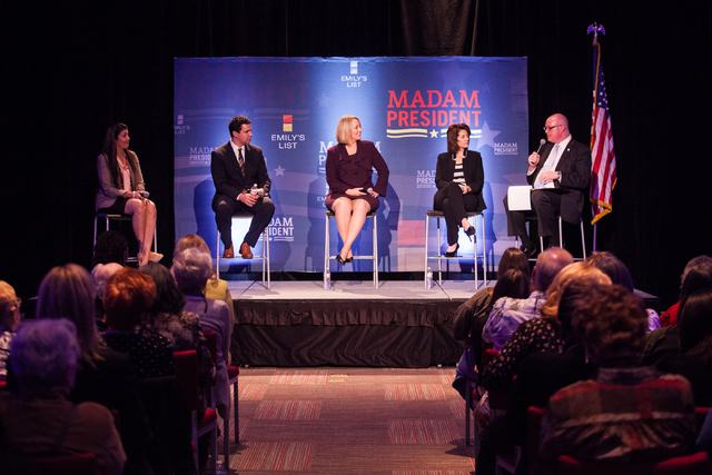 Review-Journal political columnist Steve Sebelius, right, moderates a town hall panel, titled "Madam President," held by Emily's List with Nevada Assemblywoman Lucy Flores, from left, an ...