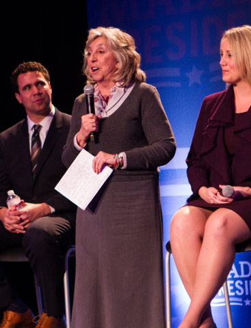 Rep. Dina Titus, D-Nev., speaks at the end of a town hall panel, titled "Madam President," held by Emily's List, with political strategist Bill Burton and Emily's List President Stephani ...