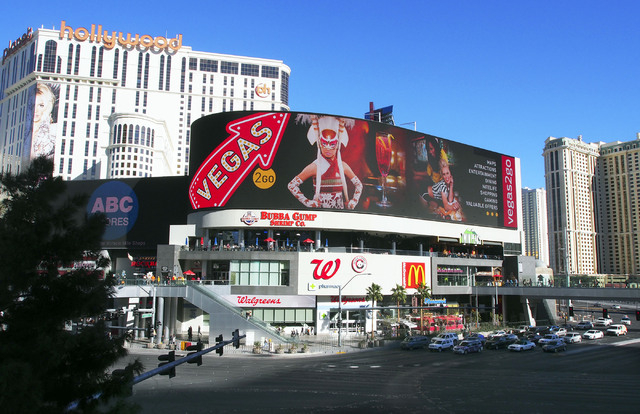 The world's largest LED digital screen is seen atop the Harmon Retail Corner on the Las Vegas Strip. The sign is 65 feet by 320 feet. (Jerry Henkel/Las Vegas Review-Journal)