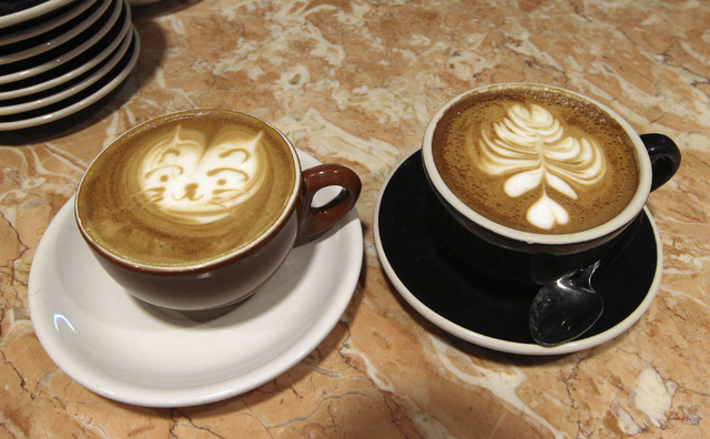 Latte art by barista Lawrence Chung is displayed at the Leone Cafe in Tivoli Village. Chung has been creating latte art since 2003 and said he learned the art in Hong Kong, where it was introduced ...