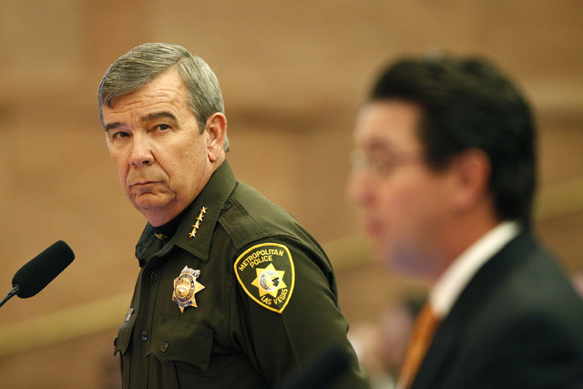 Sheriff Doug Gillespie speaks to the Clark County Commission in Las Vegas Tuesday, Jan. 21, 2014. The commission held public hearings on a tax increase to fund more police officers in Clark County ...