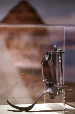A mountain howitzer trunnion plate and axle bracket assembly are part of the "Finding Fremont: Pathfinder of the West" exhibit at the Nevada State Museum, in Carson City, Nev., which ope ...