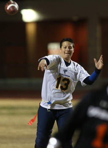 Foothill quarterback Sam Fennell (13) throws a pass while playing a flag football game again ...