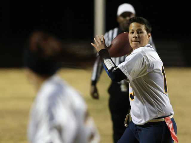 Foothill quarterback Sam Fennell (13) looks to throw a pass while playing a flag football ga ...