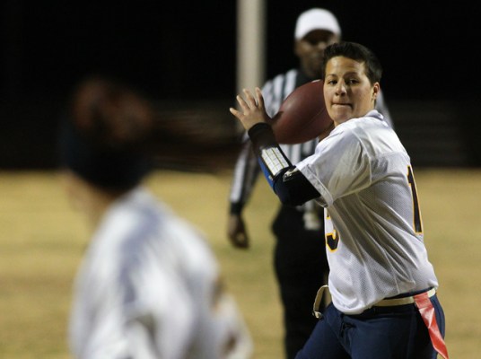 Foothill quarterback Sam Fennell (13) looks to throw a pass while playing a flag football ga ...