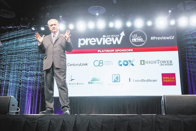 Jim Clifton, Chairman and CEO of Gallup, speaks during Las Vegas Preview at the Cox Pavilion at UNLV on Friday, Jan. 24, 2014. The Las Vegas Metro Chamber of Commerce sponsored the annual event fe ...