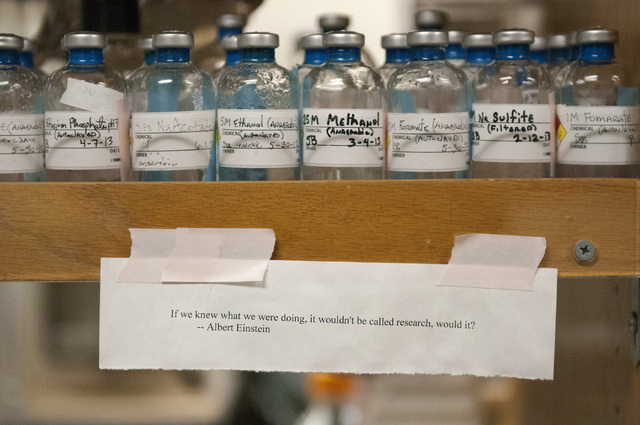 A quote by Albert Einstein decorates a shelf full of lab chemicals at the Desert Research in Las Vegas Institute Friday, Jan. 3, 2014. (Erik Verduzco/Las Vegas Review-Journal)