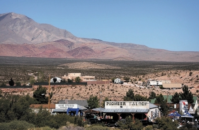 With a view of Mount Potosi in the background, people gathered to celebrate the 100th birthday of the Pioneer Saloon in Goodsprings on Oct. 19. (Jason Bean/Las Vegas Review-Journal)