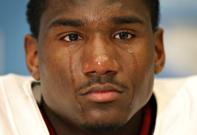 UNLV wide receiver Devante Davis cries after losing to North Texas in the Heart of Dallas Bowl in Dallas Wednesday, Jan. 1, 2014. (John Locher/Las Vegas Review-Journal)