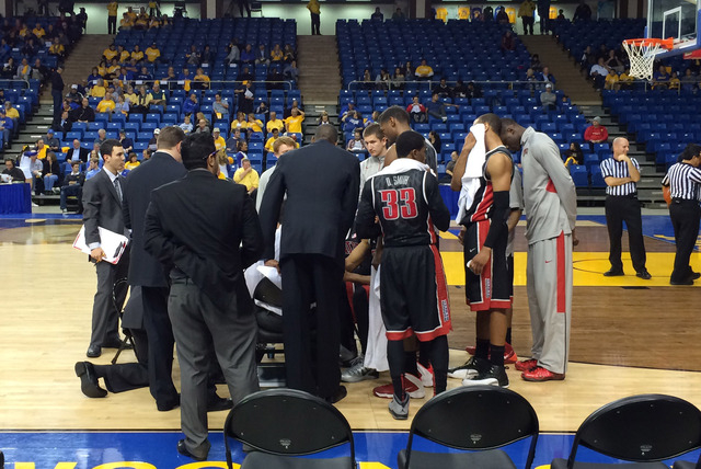 Dave Rice meets with his players as UNLV takes on San Jose State on Wednesday night at The Event Center. (Courtesy Marco Benvenuti)