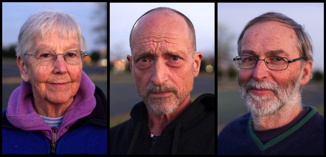 This Nov. 19, 2012, combo photo shows anti-nuclear weapons activists Sister Megan Rice, left, Michael Walli, center, and Greg Boertje-Obed in Knoxville, Tenn. The three were sentenced Tuesday, Feb ...