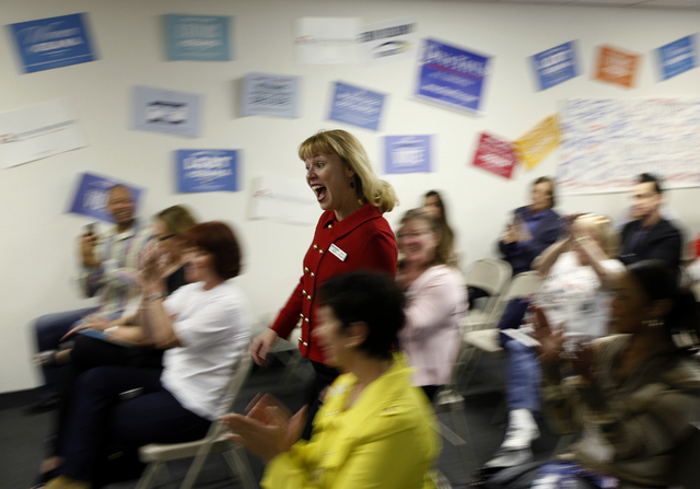 Democratic congressional candidate Erin Bilbray attends a precinct meeting in Las Vegas Saturday, Feb. 22, 2014. Bilbray is running against U.S. Rep. Joe Heck, R-Nev.(John Locher/Las Vegas Review- ...