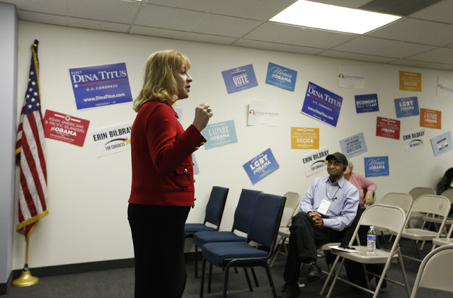 Democratic congressional candidate Erin Bilbray speaks at a precinct meeting in Las Vegas Saturday, Feb. 22, 2014. Bilbray is running against U.S. Rep. Joe Heck, R-Nev.(John Locher/Las Vegas Revie ...