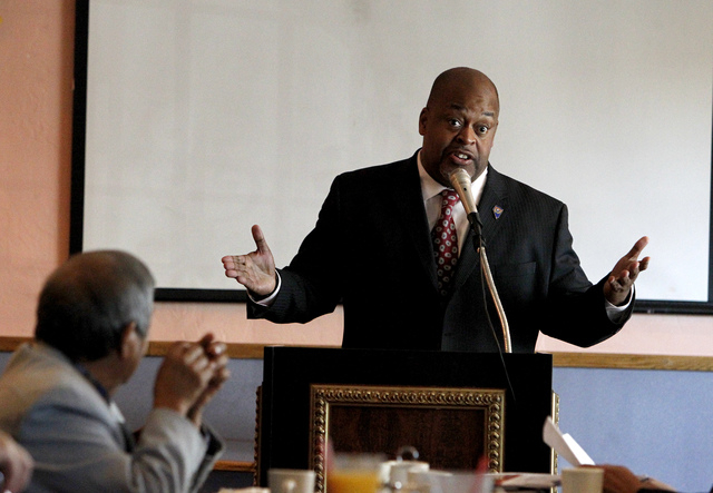 Niger Innis speaks at the Hispanics in Politics at Dona Maria Tamales restaurant in Las Vegas on Wednesday. Innis is running in the Congressional District 4 Republican primary against Assemblyman  ...