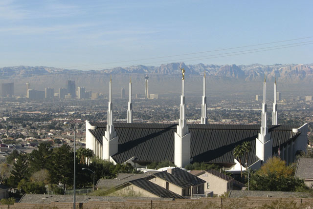 The Las Vegas Mormon Temple, 827 Temple View Drive, is shown with with the city in the background. About 4 percent to 5 percent of Nevada residents are Mormon. (Las Vegas Review-Journal)