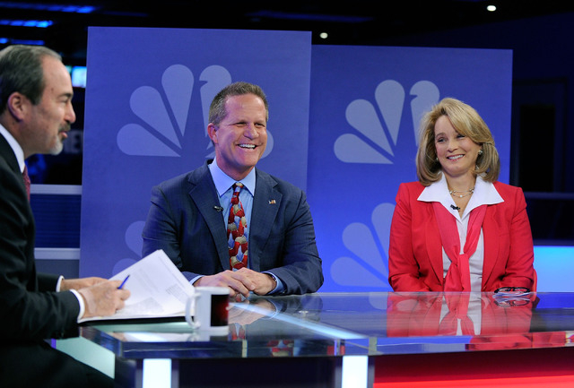 Republican lieutenant governor candidates Mark Hutchison, center, and Sue Lowden, right appear with Jon Ralston during a televised debate on the "Ralston Reports" program at the KSNV tel ...