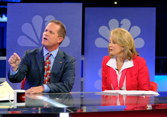 Republican lieutenant governor candidates Mark Hutchison, left, and Sue Lowden appear during a televised debate on the "Ralston Reports" program at the KSNV television studio on Monday,  ...