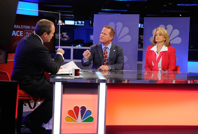 Republican lieutenant governor candidates Mark Hutchison, center, and Sue Lowden, right, appear with Jon Ralston during a televised debate on the "Ralston Reports" program at the KSNV te ...