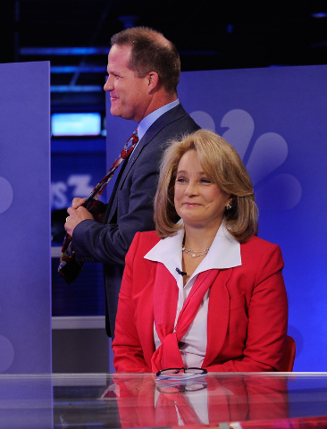 Republican lieutenant governor candidates Mark Hutchison, left, arrives to the set with Sue Lowden before their appearance on a televised debate on the "Ralston Reports" program at the K ...