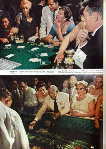 Caption: "Blackjack tables at Moulin Rouge (top), first big club in Las Vegas to admit both Negroes and whites, were jammed opening night with well-dressed gamblers. Crap tables (bottom) at D ...