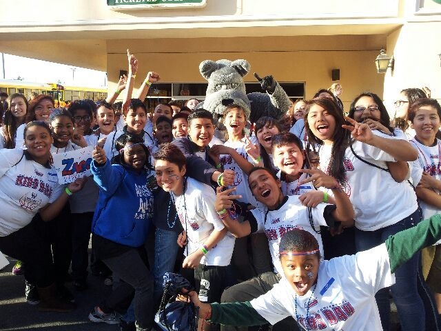 After-School All-Stars students from Bridger Middle School spend time with the Gonzaga University bulldog mascot at the West Coast Conference Kids Day at the Orleans Arena, 4500 W. Tropicana Ave., ...