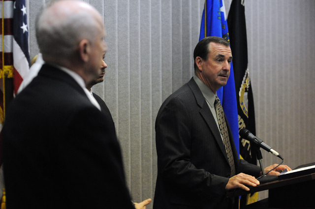Las Vegas police Capt. Brett Primas, right, speaks during a press conference on an ongoing investigation of misuse of public funds in the Clark County School District Adult English Language Acquis ...