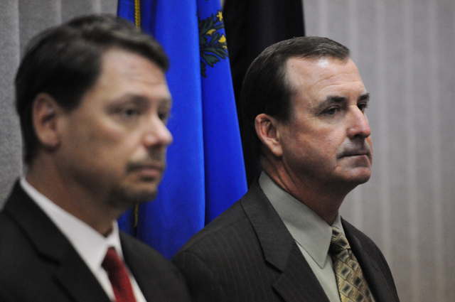 Clark County School District Superintendent Pat Skorkowsky, left, and Las Vegas police Capt. Brett Primas, speak during a press conference on an ongoing investigation of misuse of public funds at ...