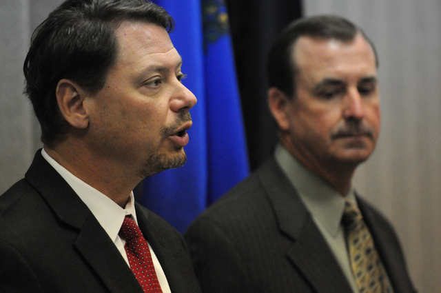 Clark County School District Superintendent Pat Skorkowsky, left, and Las Vegas police Capt. Brett Primas, speak during a press conference on an ongoing investigation of misuse of public funds at  ...