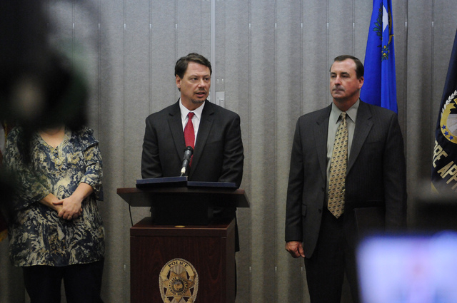 Clark County School District Superintendent Pat Skorkowsky, left, and Las Vegas police Capt. Brett Primas, speak during a press conference on an ongoing investigation of misuse of public funds at ...