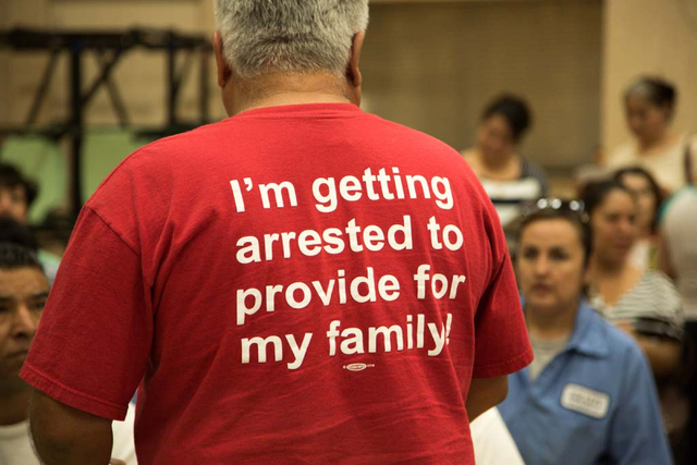 A Culinary Workers Union, Local 226 member's protest t-shirt is seen at the East Las Vegas Community Center on Thursday, March 27, 2014. Both culinary workers and members of Brady Laundries are vo ...
