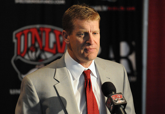UNLV head football coach Bobby Hauck is shown at a news conference at the Thomas & Mack Center on Feb. 5. UNLV might fall short of the minimum academic standard to be eligible for a bowl appearanc ...
