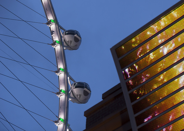The Las Vegas High Roller as seen Friday, Feb. 28, 2014 during the inaugural lighting. The world's largest observation wheel is the centerpiece of the $550 million Linq located on the Las Vegas St ...
