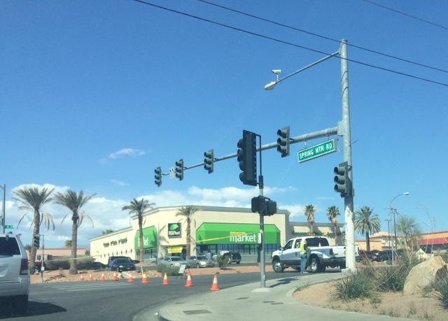 One person died in a single-vehicle rollover on southbound Durango Drive, south of Desert Inn Road, on Saturday. (Stephanie Grimes/Las Vegas Review-Journal)