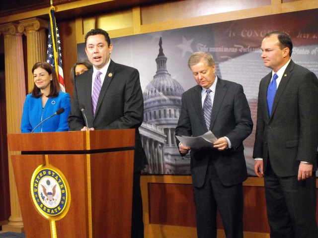 Rep. Jason Chaffetz, R-Utah, announces a bill Wednesday to restore the federal policy that declared it illegal to offer gambling over the Internet. Other sponsors at a Capitol Hill news conference ...