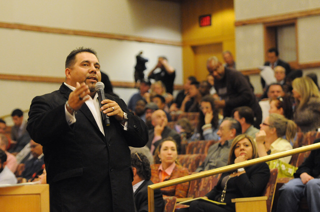 Jay Matos, business specialist, speaks during a public meeting on a new ordinance that would allow dispensaries for medical marijuana in Clark County during an open meeting at the Clark County Gov ...