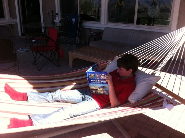 Devon Kisfalvi sits in his hammock at home while he does school work. Devon has been attending Nevada Connections Academy, a virtual school, for four years. (Michael Lyle/ Las Vegas Review-Journal)