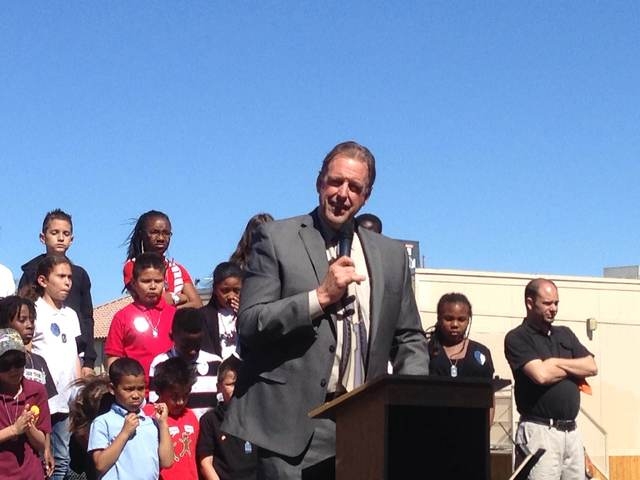 North Las Vegas Mayor John Lee speaks at an event that honors fallen police officer Raul Elizondo at Elizondo Elementary School on Wednesday, March 12, 2014 in North Las Vegas. The school was ded ...