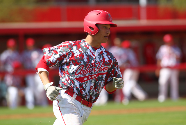 Arbor View's Nick Quintana runs for first base against Faith Lutheran on Saturday. Arbor View won, 6-2. (Chase Stevens/Las Vegas Review-Journal)