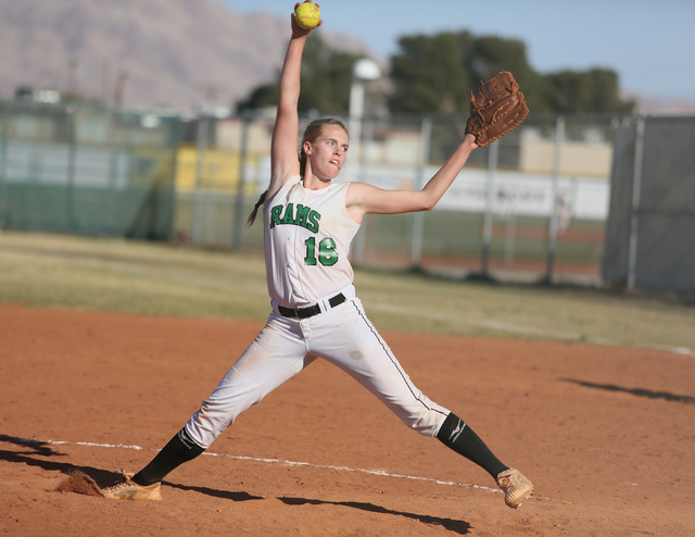 Rancho's Samantha Pochop pitches during Monday's game against Durango. Pochop tossed a four-hitter and struck out 12 as Rancho won 7-0. (Ronda Churchill/Las Vegas Review-Journal)