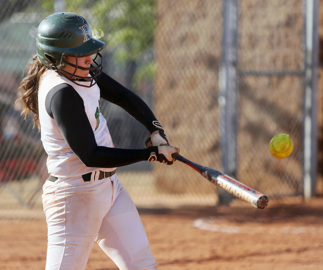 Rancho's McKinzi Vega takes a swing during the Rams' 7-0 win over Durango on Monday. Vega was 2-for-3 with a triple, a double and two RBIs. (Ronda Churchill/Las Vegas Review-Journal)