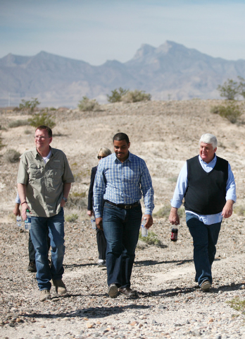 Jon Porter, former representative for Nevada’s 3rd Congressional district, from left, Rep. Steven Horsford, D-Nev., and Rep. Rob Bishop, R-Utah, tour a portion of the proposed Tule Springs  ...