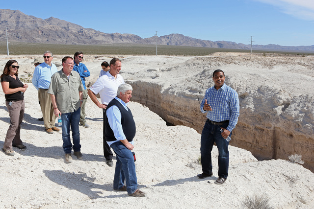 Rep. Rob Bishop, R-Utah, front center, listens to Rep. Steven Horsford, D-Nev., right, speak during a tour a portion of the proposed Tule Springs Fossil Beds National Monument Monday, March 17, 10 ...
