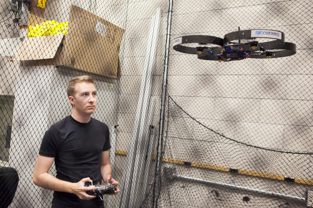 UNLV mechanical engineering senior Greg Friesmuth operates an unmanned aerial system, otherwise known as a drone, in a lab at the Thomas Beam Engineering Complex on the campus of the University of ...