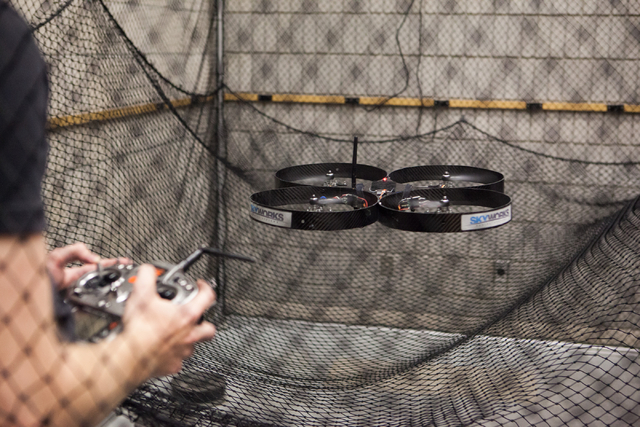 UNLV mechanical engineering senior Greg Friesmuth operates an unmanned aerial system, otherwise known as a drone, in a lab at the Thomas Beam Engineering Complex on the campus of the University of ...
