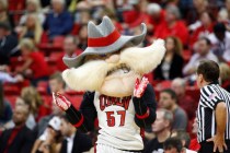 UNLV mascot Hey Reb claps during a game against Hawaii at the Thomas & Mack Center in Las Vegas ...