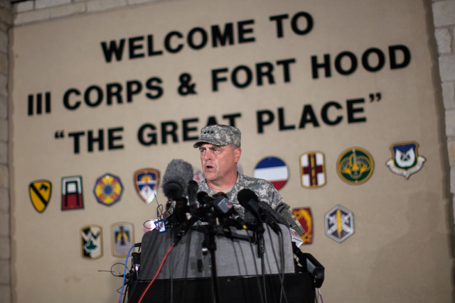 Lt. Gen. Mark Milley, commanding general of III Corps and Fort Hood, speaks with the media outside of an entrance to the Fort Hood military base after a shooting that occurred inside on Wednesday ...