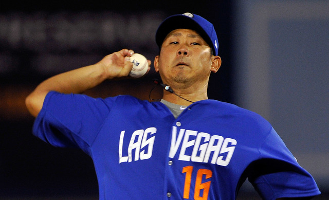 Las Vegas 51 pitcher Daisuke Matsuzaka fires a pitch against Sacramento during a minor league baseball game at Cashman Field on Monday, April 7, 2014. (David Becker/Las Vegas Review-Journal)